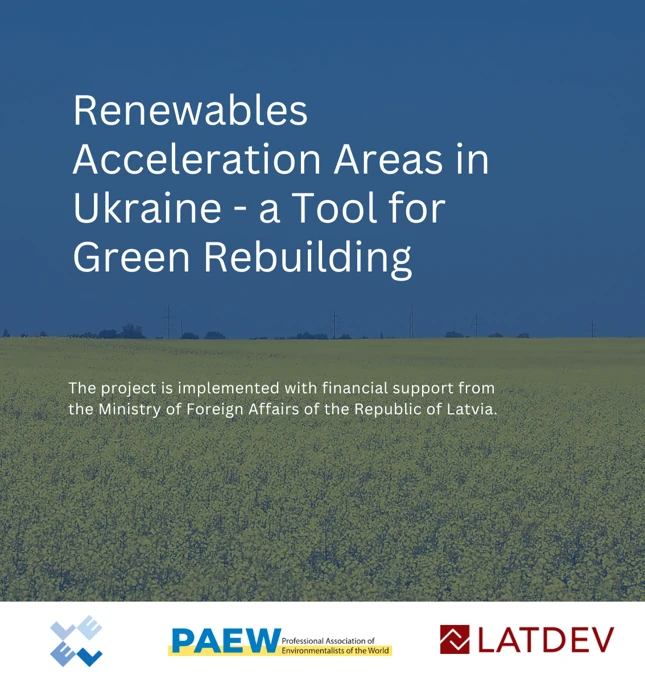 Supplied project cover: Renewables Acceleration Areas in Ukraine - a Tool for Green Rebuilding; financial support from the Ministry of Foreign Affairs of Latvia; partner logos.